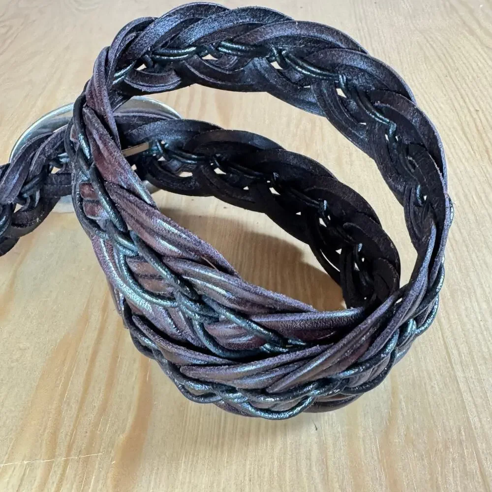 Brighton vintage Brown Braided Leather Belt Silver Classic Luxury Small